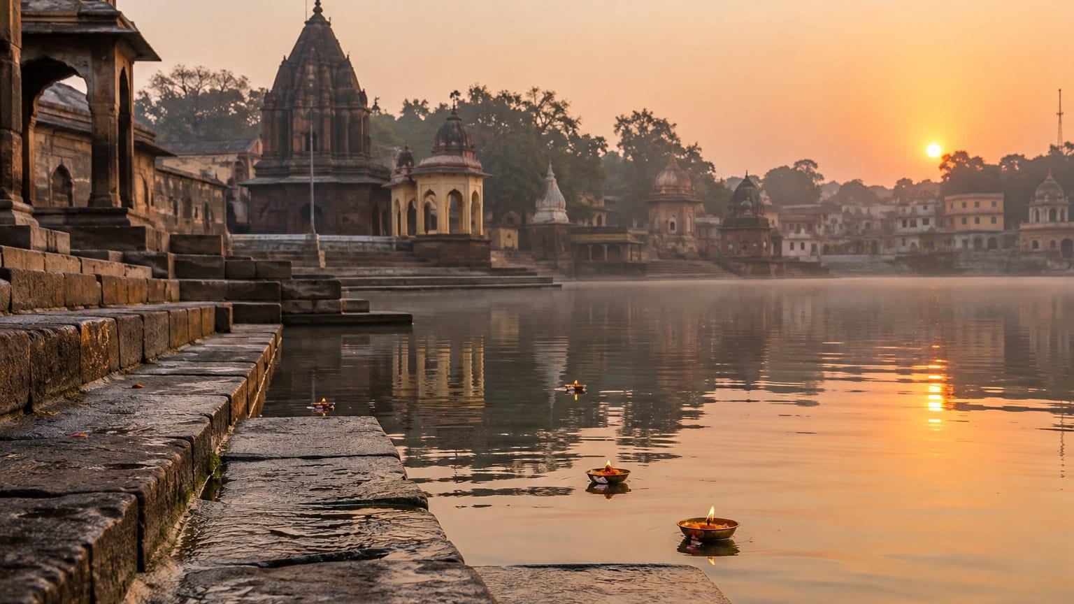 Ramkund ghats on the Godavari in Nashik at sunrise