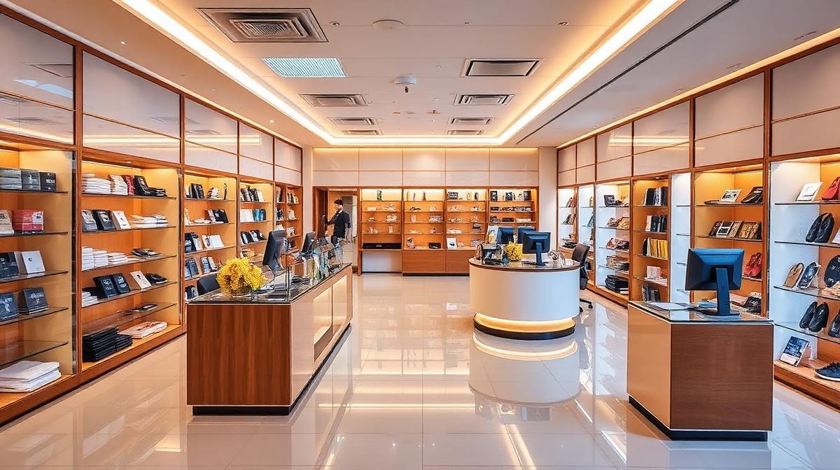 Modern retail showroom interior with billing counter arranged as per commercial Vastu