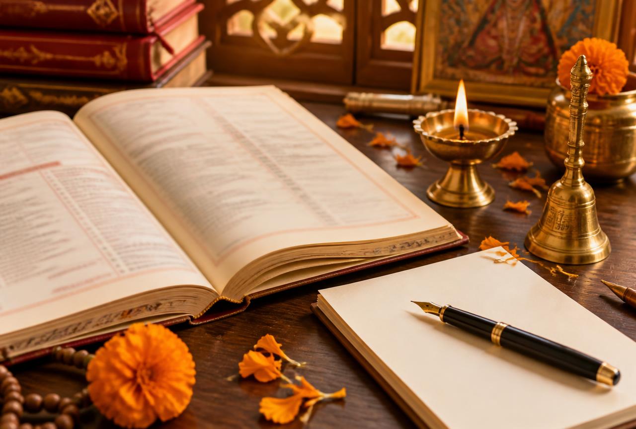Open panchang almanac, brass diya, bell and a notepad on a wooden desk where muhurat is calculated at Divyam Vaastu