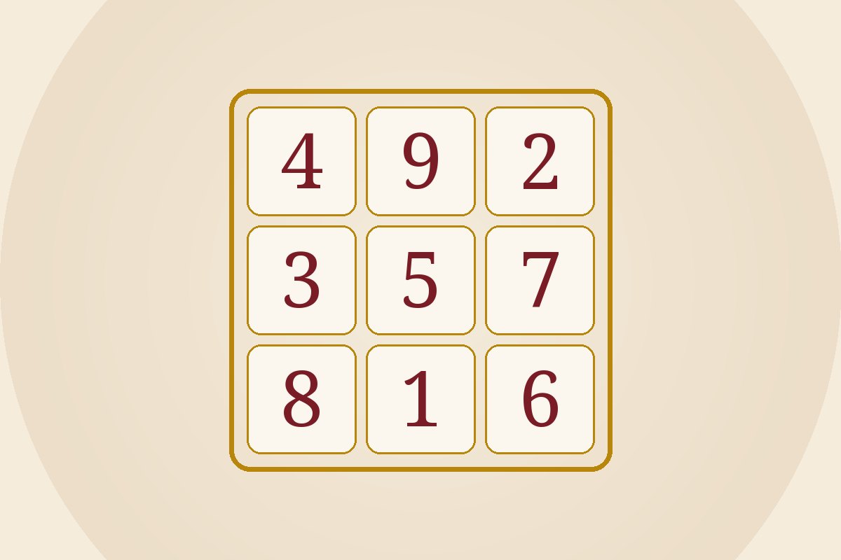 Numerology grid of the numbers one to nine in maroon on cream tiles with a gold border