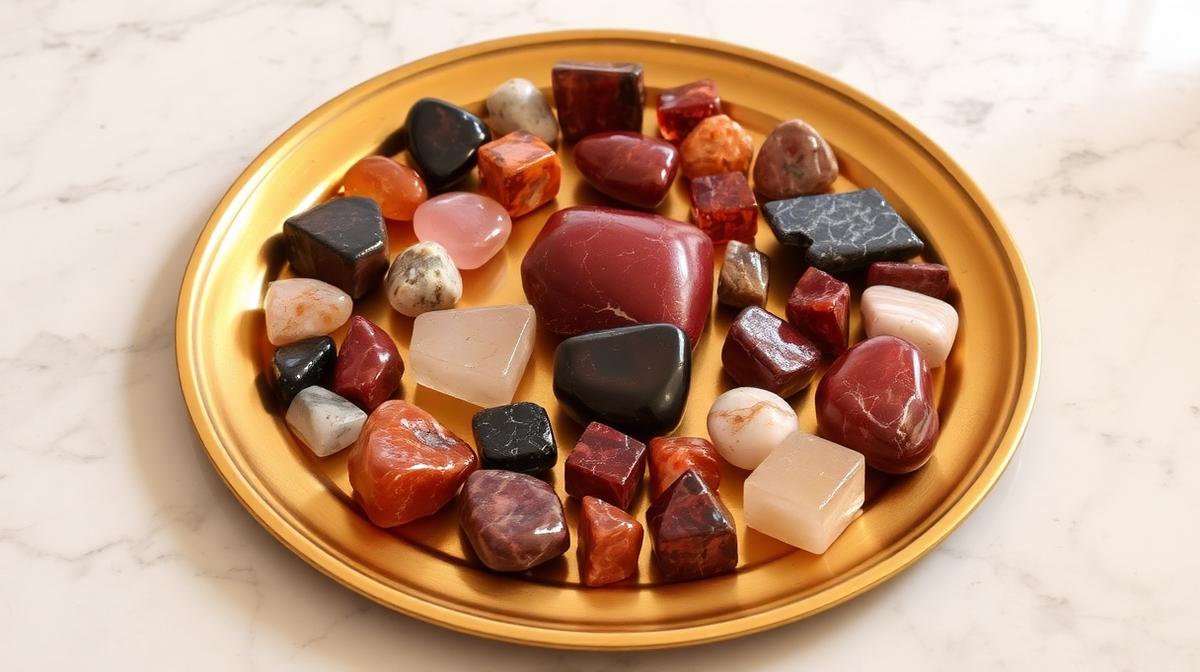 Natural gemstones arranged on a brass plate for a Ratnadeep Sthapana ritual as per Vastu