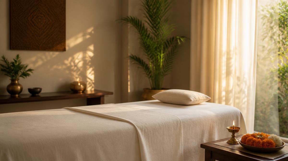 Calm Reiki healing room with a linen covered treatment table, brass diya and marigold flowers at Divyam Vaastu
