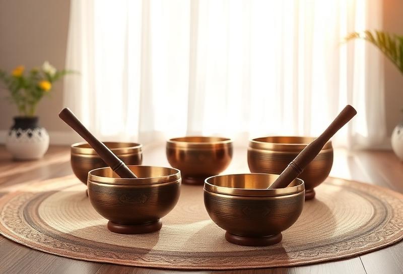 Himalayan singing bowls arranged for an in-person sound healing session