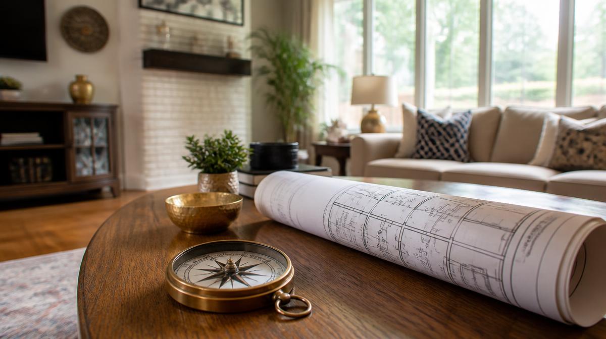Compass and rolled floor plan on a table in an American home, prepared for an in person Vastu consultation