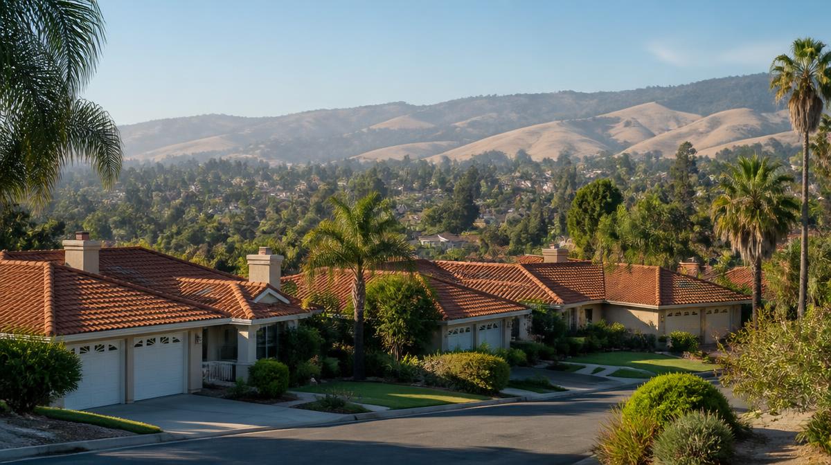 California suburban street of ranch style homes with tiled roofs, typical of Bay Area properties assessed for Vastu