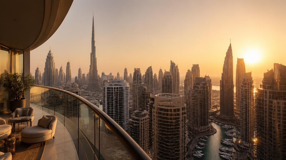 View of the Dubai skyline at golden hour from a high residential balcony, the kind of apartment reviewed in a remote Vastu consultation
