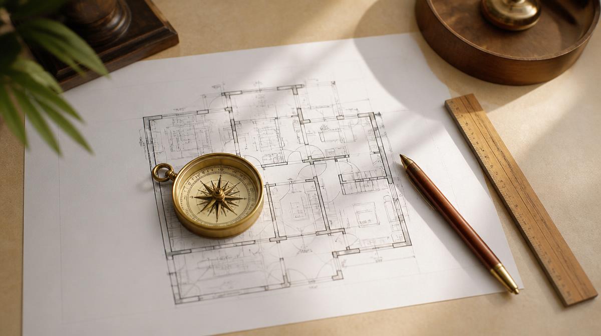 A residential floor plan with a brass compass and scale ruler on a Vastu consultant's desk