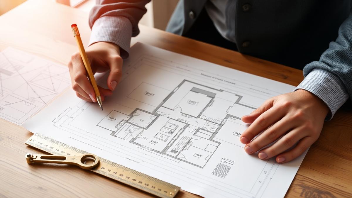 Architect's residential floor plan on a desk with a compass, being reviewed against Vastu principles